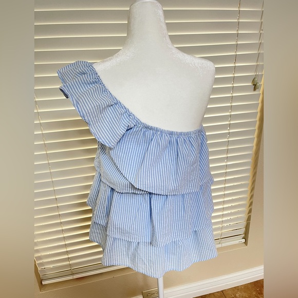 Super Cute ‘BiBi’ Blue White Stripe Gingham One Shoulder Top- Small - Picture 9 of 15